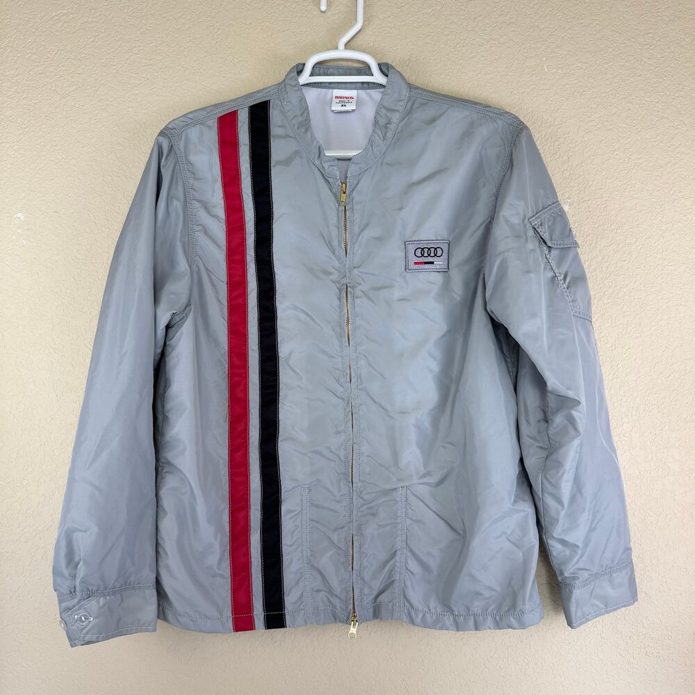 BIRDWELL Beach Britches Striped Racing Jacket Gray Size XL USA Made Audi Logo